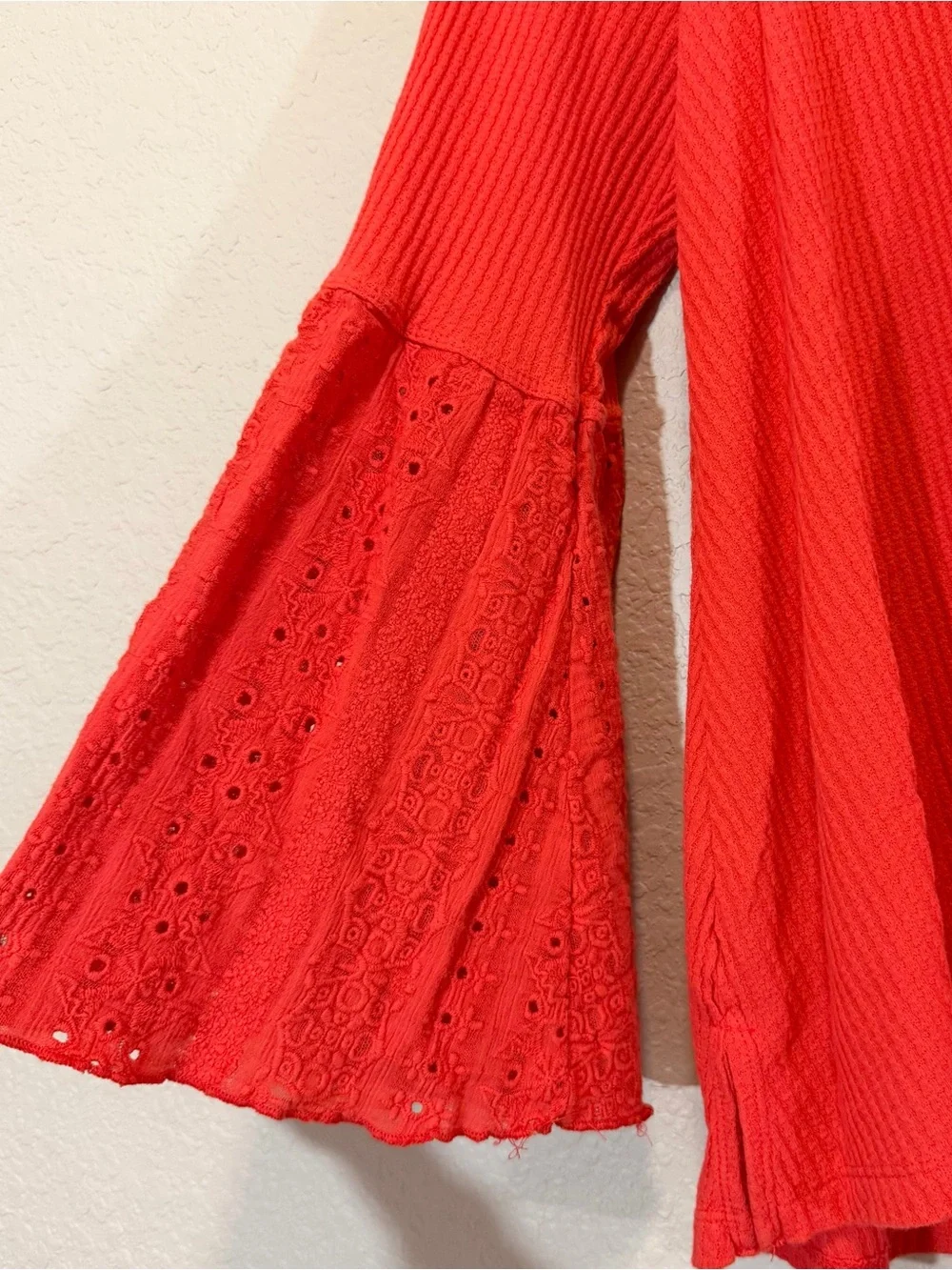 Free People Parisian Vermillion Top Embroidery Eyelet V-Neck Bell Sleeves
